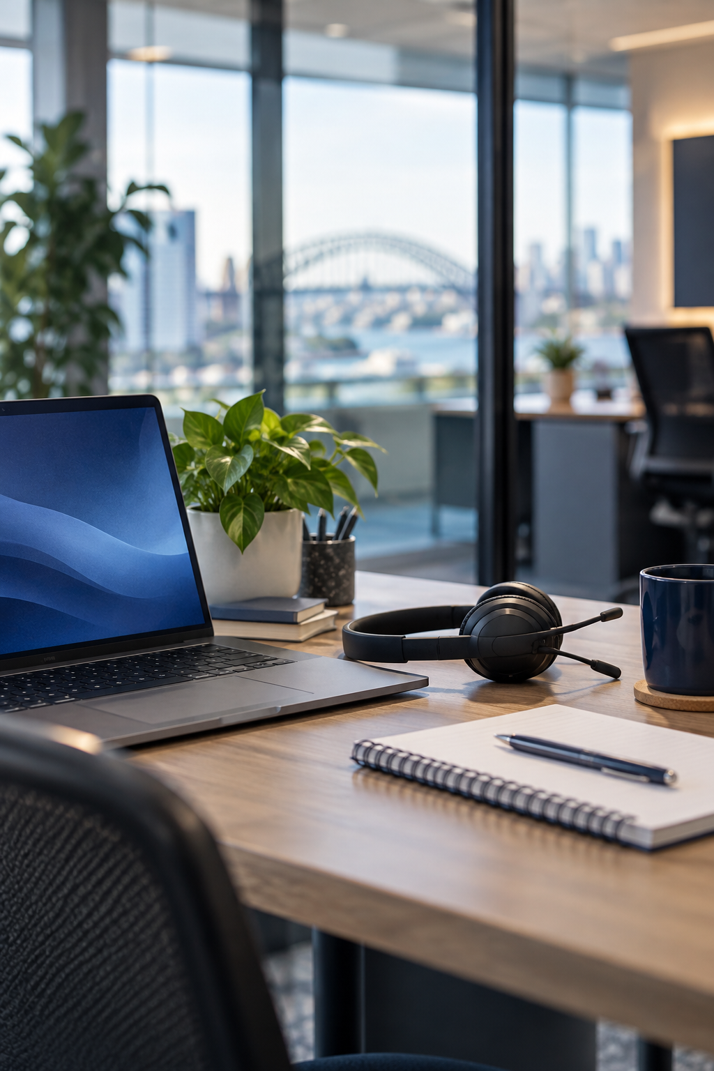 Laptop, headset and notebook on a bright office desk