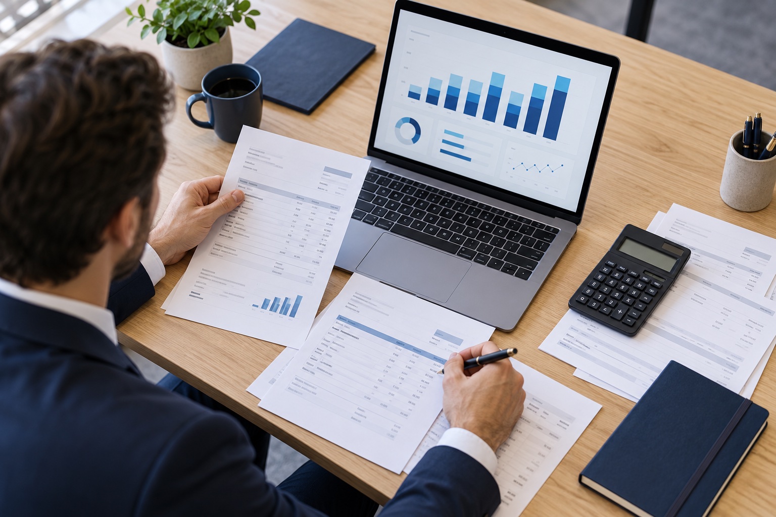 Consultant reviewing technology costs with charts, invoices and a calculator