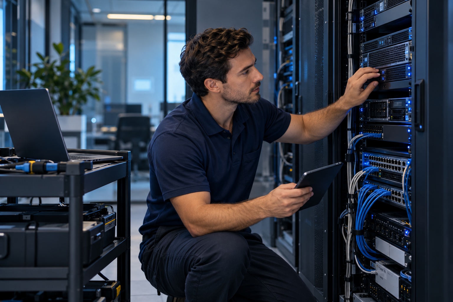IT technician inspecting a server rack with a diagnostic laptop