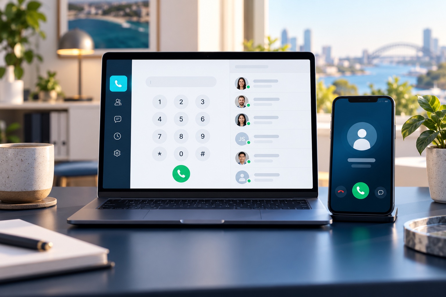 Laptop and smartphone illustrating business calling across devices