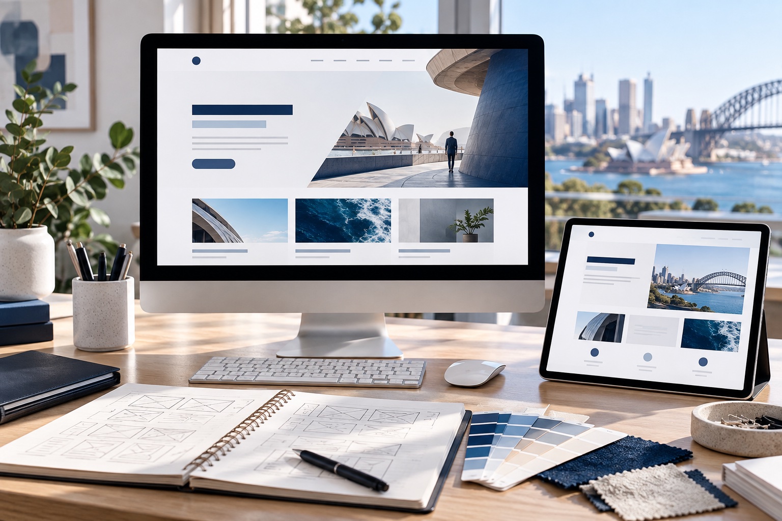 Website design workspace with desktop and tablet layouts