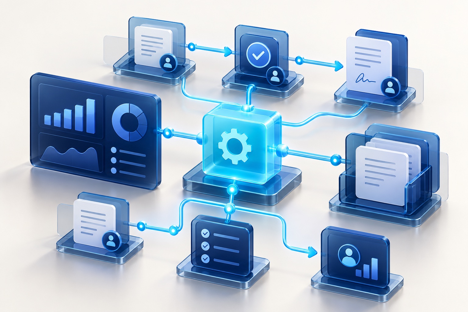 Illustration of connected business workflows and dashboard panels
